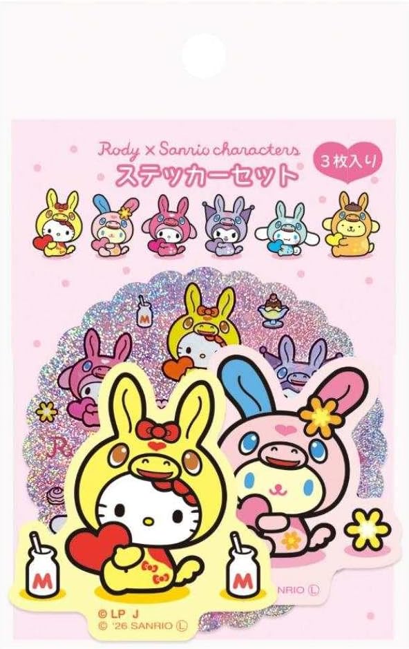 RODYxサンリオキャラクターズ[ダイカットシール]ステッカーセット 3枚入り/ハローキティ＆ウサハナ Sanrio